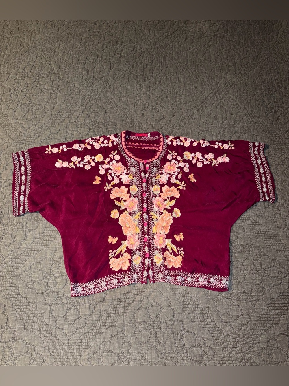 Johnny Was Rose/Wine Embroidered Button Down Blouse Size-XS